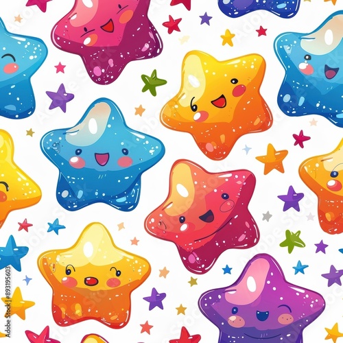 Cheerful and colorful kawaii star patterned background featuring various expressive faces on stars, perfect for whimsical and playful designs.