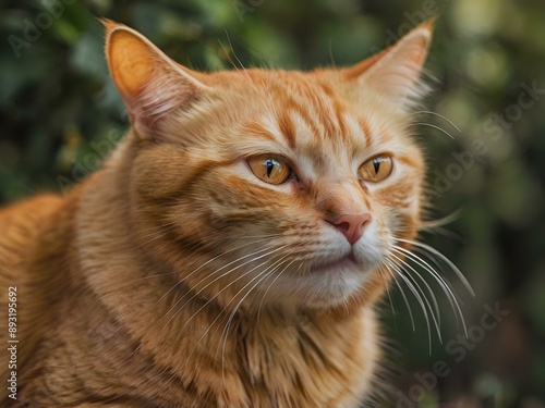 orange cat with blur background, orange cat is sitting and looking