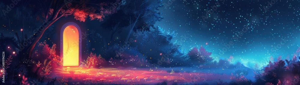 Magical doorway glowing in a mystical forest under a star-filled sky, with vibrant colors and enchanting ambiance, leading to a mysterious realm. Magical doorway glowing in a mystical forest under a star-filled sky, with vibrant colors and enchanting ambiance, leading to a mysterious realm.