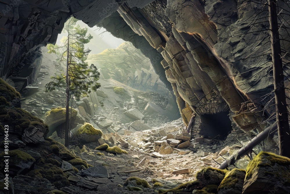 Mysterious Rocky Cave with Tree and Sunlight Mysterious Rocky Cave with Tree and Sunlight
