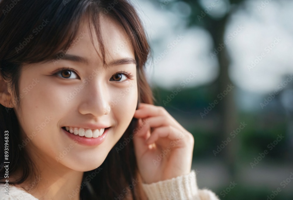 A young Asian lady smiles brightly. Model concept for promoting various products A young Asian lady smiles brightly. Model concept for promoting various products