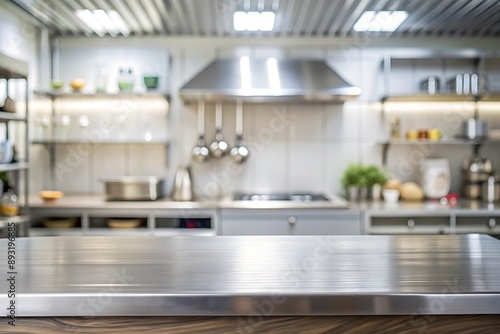 Steel table top with blurred empty kitchen background can be used for mocking up or display product to make advertising	