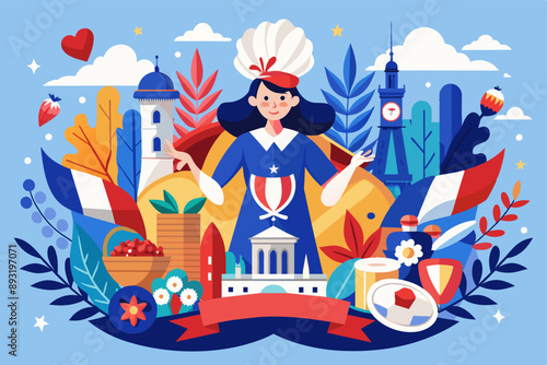 A cartoon woman surrounded by iconic French symbols