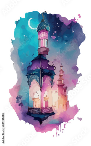Ornamental Arabic lantern with burning candle glowing . Festive greeting card, invitation for Muslim holy month Ramadan Kareem. Ramadan Kareem greeting photo with serene mosque background.