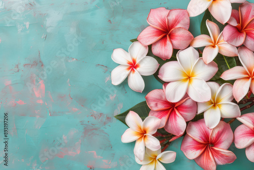 A colorful arrangement of pink and white plumeria flowers on a turquoise textured background, perfect for designs or backgrounds. © tonstock