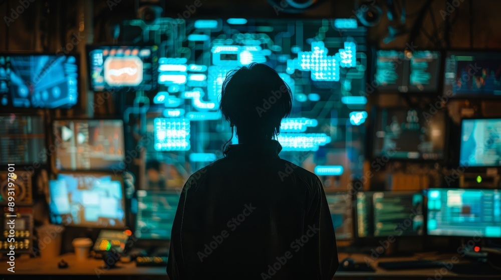 A Man Standing In Front of a Large Number of Computer Screens on a Dimly Lit Room - Generative AI A Man Standing In Front of a Large Number of Computer Screens on a Dimly Lit Room - Generative AI