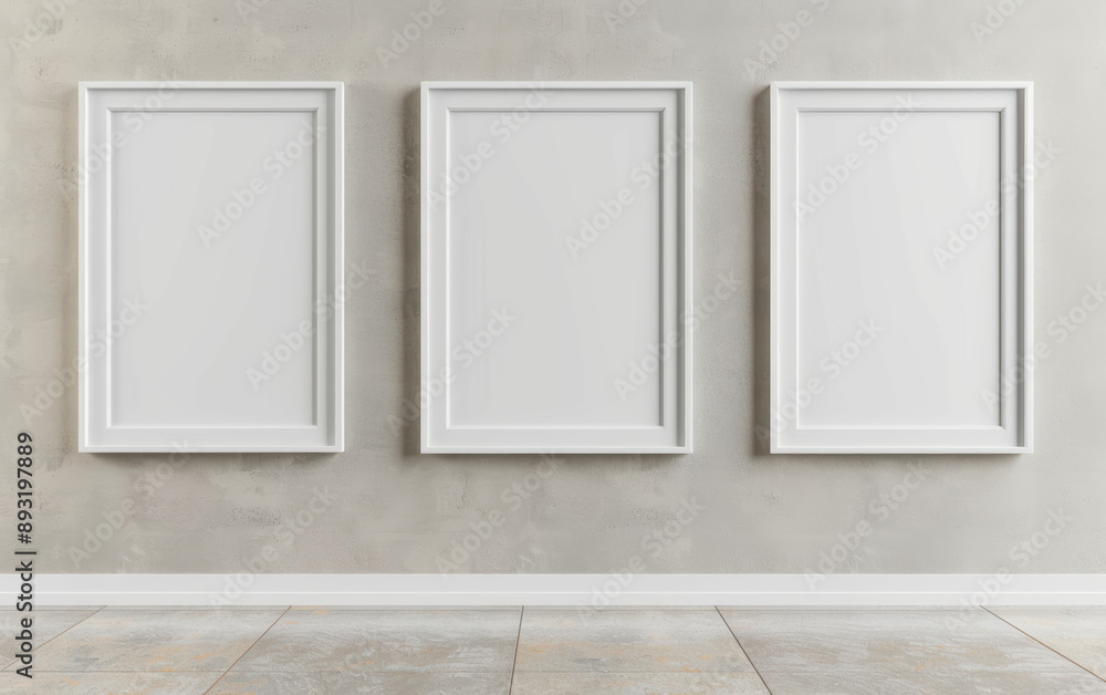 Three blank picture frames on a neutral gray wall background, ready for customization or artwork display in a modern, minimalist setting. Three blank picture frames on a neutral gray wall background, ready for customization or artwork display in a modern, minimalist setting.