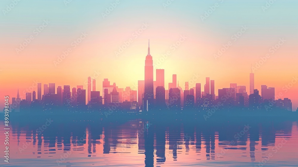 A City Skyline Is Reflected in the Water of a Large Body of Water at Sunset - Generative AI A City Skyline Is Reflected in the Water of a Large Body of Water at Sunset - Generative AI