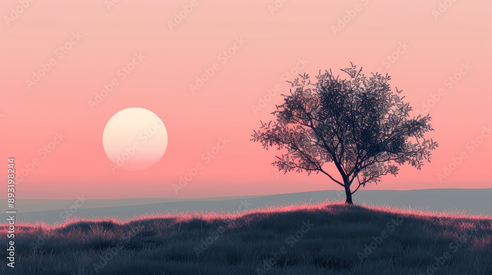 A Lone Tree Stands In the Middle of a Field With a Sunset Behind It - Generative AI A Lone Tree Stands In the Middle of a Field With a Sunset Behind It - Generative AI