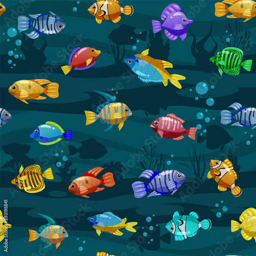 Seamless pattern Tropical fishes cartoon. Cute funny underwater characters