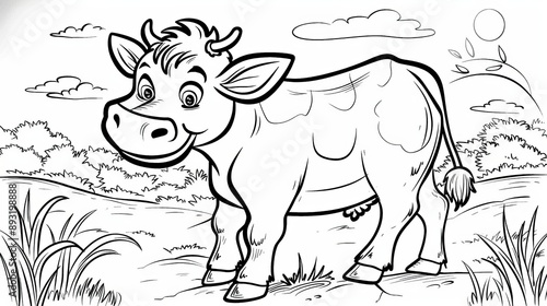 Printable coloring page with a cute cartoon cow. Perfect for kids to color in.