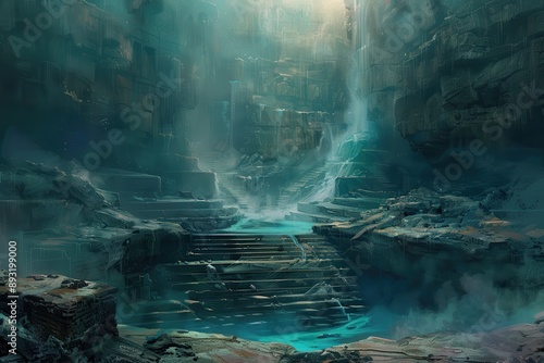 Ancient temple ruins with waterfalls and glowing blue water pool photo