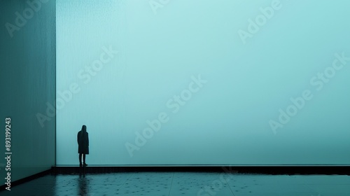 A breathtaking and detailed photo of a lone figure standing at a window, watching the rain cascade down the glass