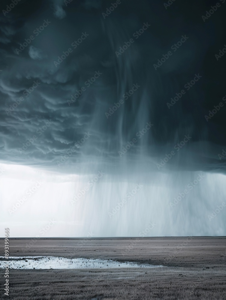 A dramatic and clear photo of a stormy sky with dark clouds and heavy rain pouring down over a landscape A dramatic and clear photo of a stormy sky with dark clouds and heavy rain pouring down over a landscape