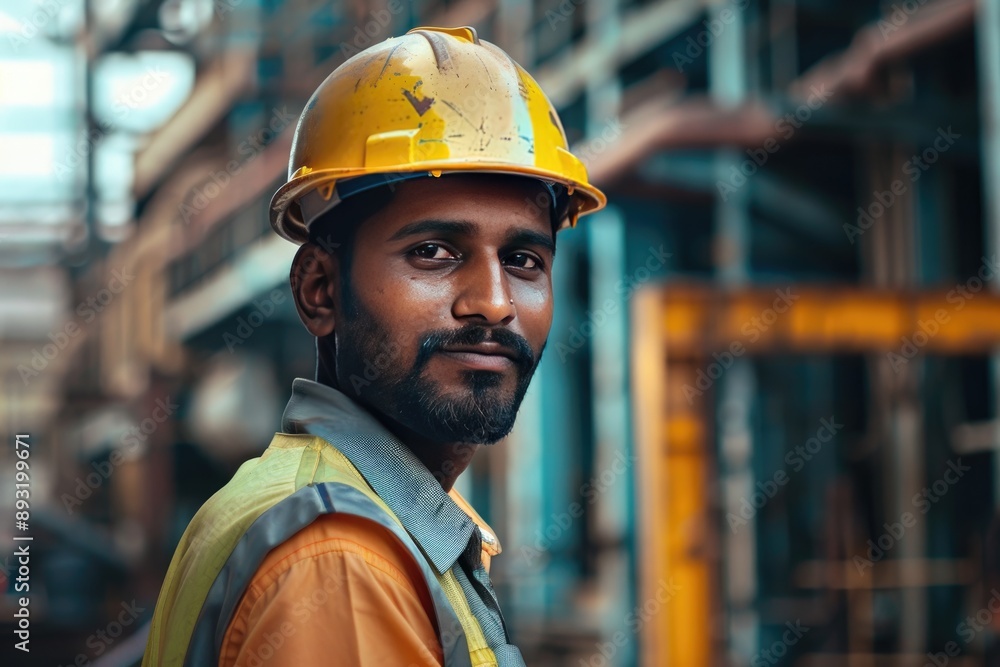 A construction worker with a determined look stands in front of a blurred industrial background A construction worker with a determined look stands in front of a blurred industrial background