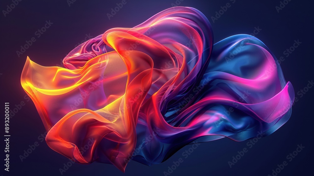 Vibrant abstract fabric waves in colorful motion, blending luminous shades of blue, pink, and orange against dark backdrop. Vibrant abstract fabric waves in colorful motion, blending luminous shades of blue, pink, and orange against dark backdrop.