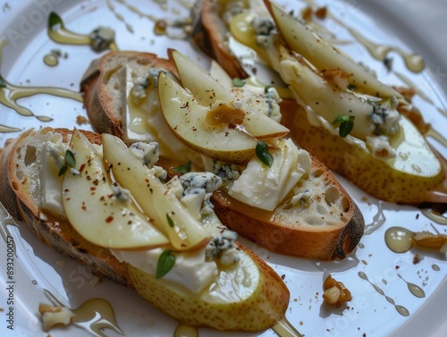 Divine Crostini: Blue Cheese, Pear, and Honey Delight. --ar 4:3 photo