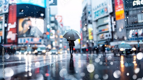 Wallpaper Mural A sharp and vibrant photo of a person walking under an umbrella in a bustling city during a heavy rainstorm Torontodigital.ca