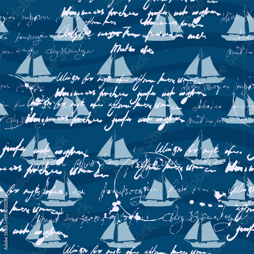 Sailboat seamless pattern, unreadable text, handwritten notes, palm, sunset, vector illustration photo