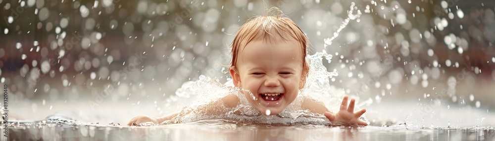 A stunning and clear photo of a child playing in the rain, splashing in puddles with pure joy A stunning and clear photo of a child playing in the rain, splashing in puddles with pure joy
