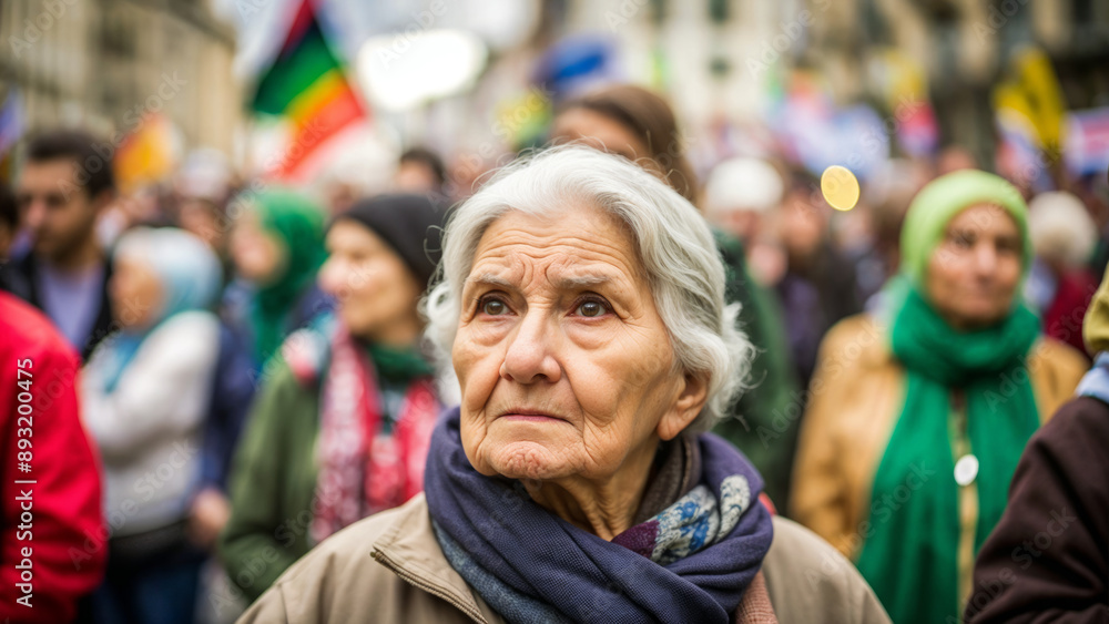 A crowd of people at a public action or demonstration, in the center of the photo there is an old woman with a thoughtful face, the essence of collective protest that is associated with civil rights A crowd of people at a public action or demonstration, in the center of the photo there is an old woman with a thoughtful face, the essence of collective protest that is associated with civil rights