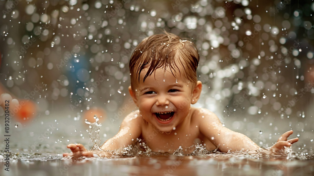 A stunning and clear photo of a child playing in the rain, splashing in puddles with pure joy A stunning and clear photo of a child playing in the rain, splashing in puddles with pure joy