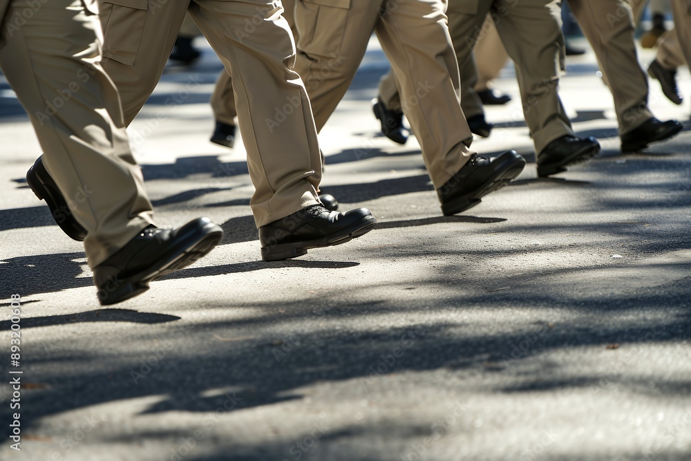 A group of male police officers marching in formation on the street, their legs and feet visible from the side view, in a military parade style on a sunny day with sunny daylight and shadows from tree A group of male police officers marching in formation on the street, their legs and feet visible from the side view, in a military parade style on a sunny day with sunny daylight and shadows from tree