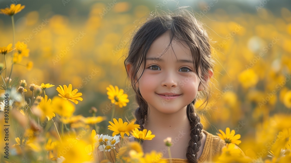 smiling girl, bathed in summer sun, twirls in a field of giant yellow sunflowers smiling girl, bathed in summer sun, twirls in a field of giant yellow sunflowers