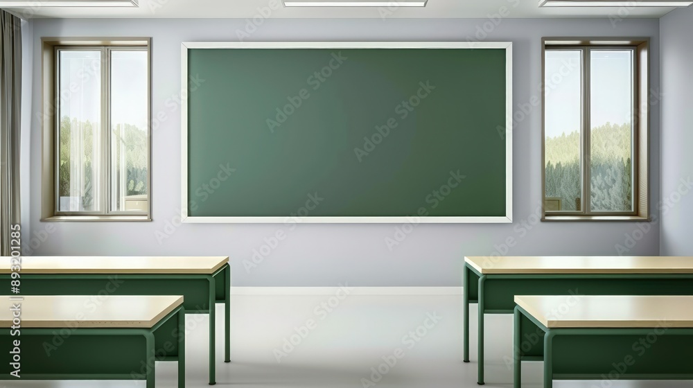 Clean, empty classroom with a large green chalkboard and minimalist d?(C)cor Clean, empty classroom with a large green chalkboard and minimalist d?(C)cor