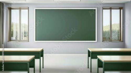 Clean, empty classroom with a large green chalkboard and minimalist d?(C)cor