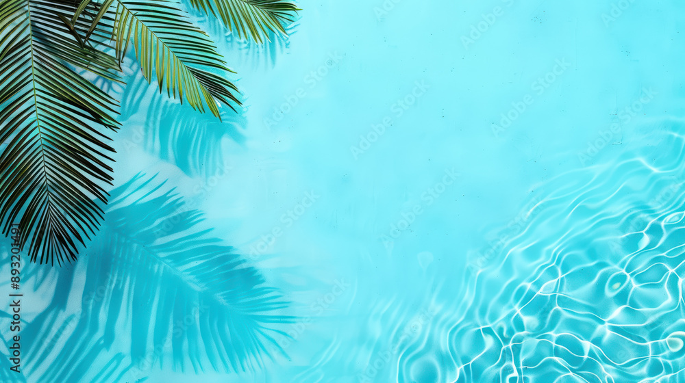 A serene view of a clear blue pool with sunlight reflecting on the water and palm leaves casting shadows, creating a tropical and relaxing atmosphere. A serene view of a clear blue pool with sunlight reflecting on the water and palm leaves casting shadows, creating a tropical and relaxing atmosphere.