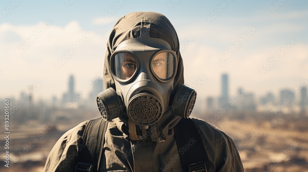 A child wearing a mask in a heavily polluted urban area. AI generate illustration A child wearing a mask in a heavily polluted urban area. AI generate illustration