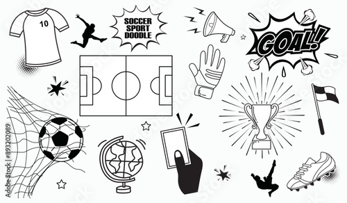 Doodle soccer element set. Football goal, award cup, soccer ball hand drawn line doodle sketch style equipment. Vector illustration