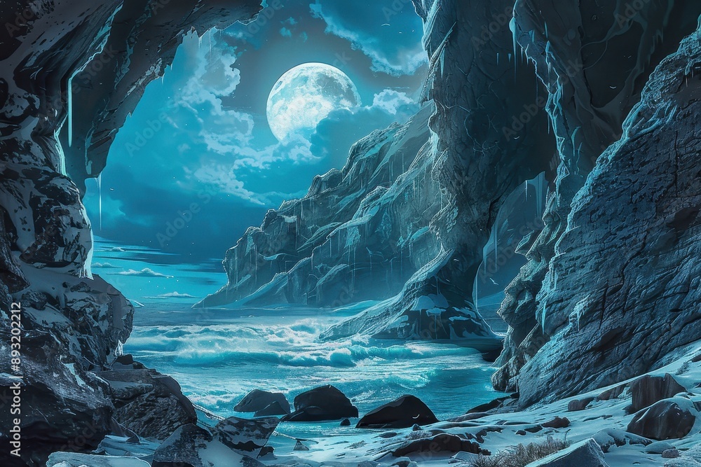 Full moon rising over snow covered rocky cliffs and ocean waves Full moon rising over snow covered rocky cliffs and ocean waves