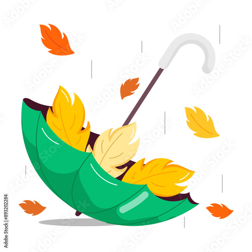 A flat sticker of autumn umbrella with leaves 