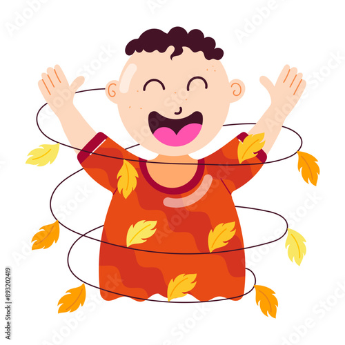 Cute character holding autumn decor leaves, flat sticker

