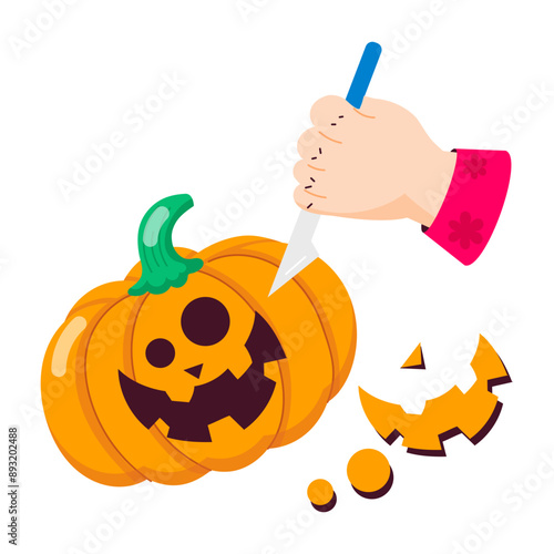 A flat style sticker of pumpkin carving knife 

