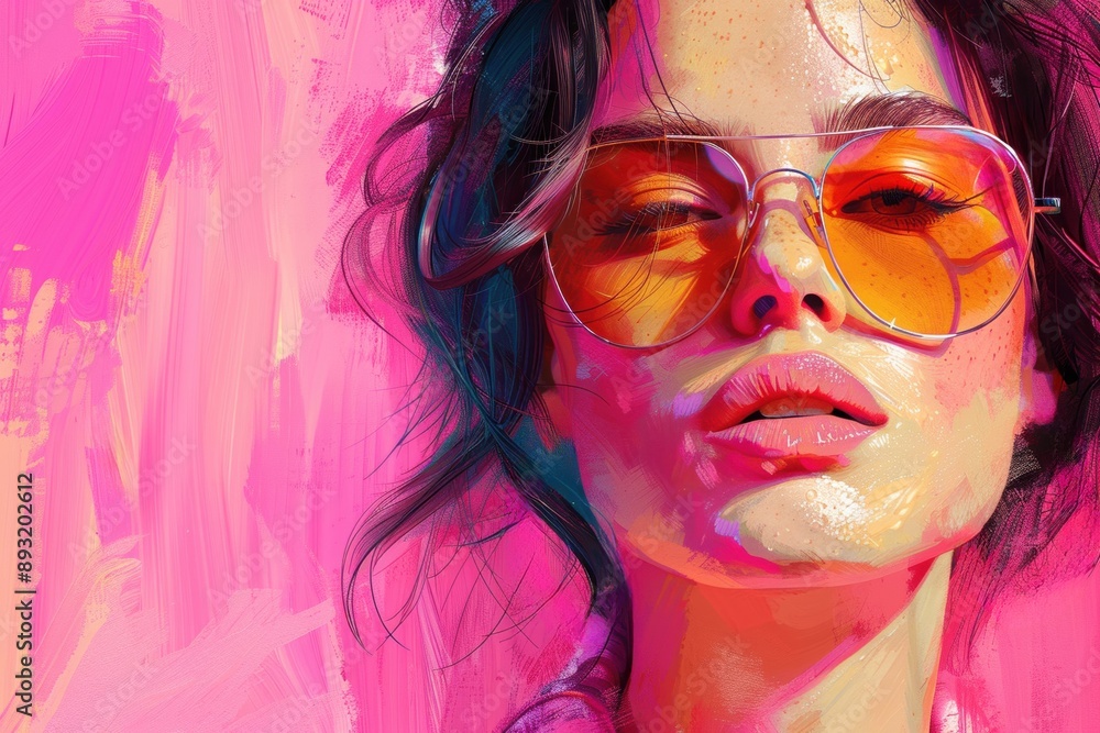 Vibrant digital painting of a stylish woman in sunglasses with a pink background, showcasing modern art and fashion. Vibrant digital painting of a stylish woman in sunglasses with a pink background, showcasing modern art and fashion.