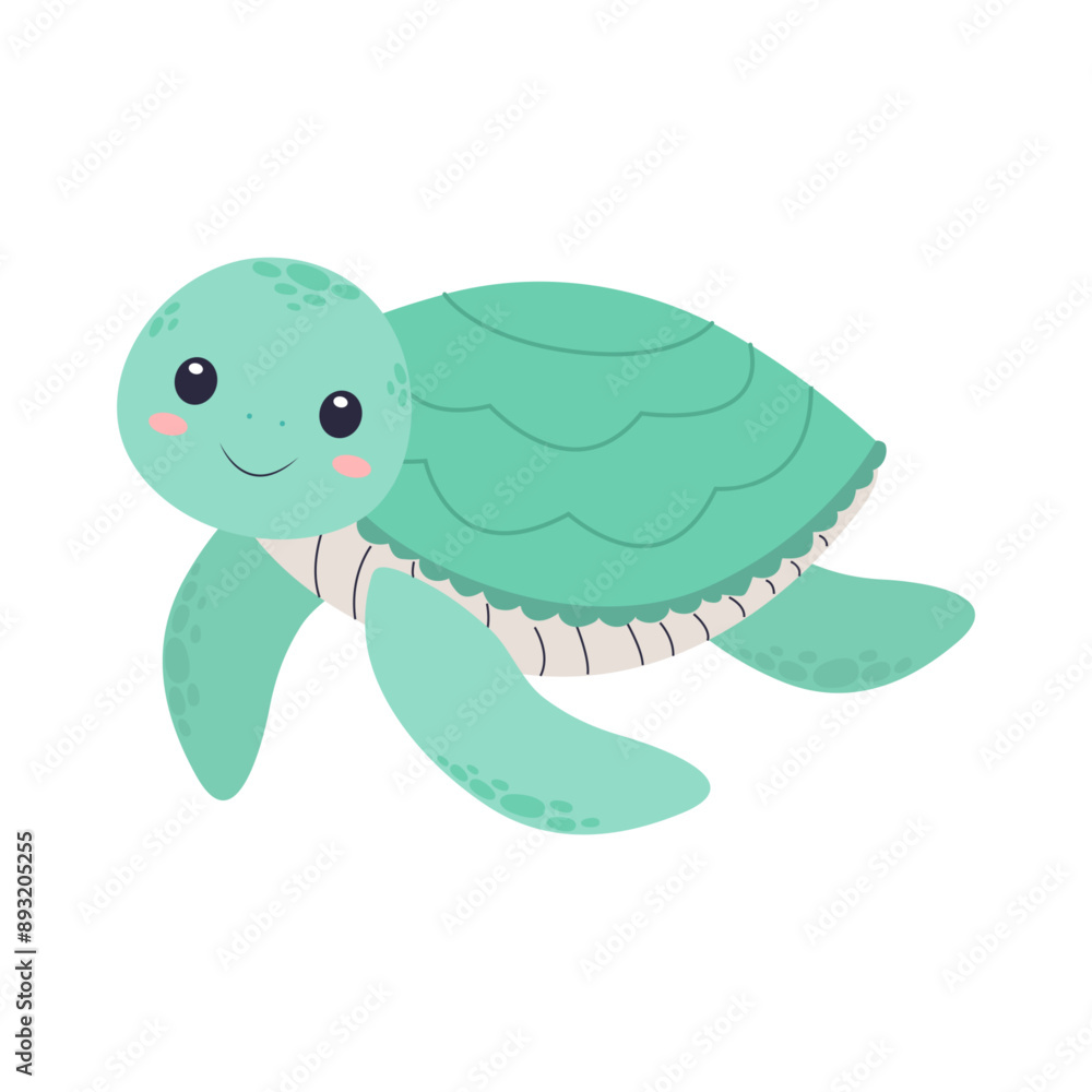 Obraz premium Cute turtle, children's illustration on a white background. Vector, flat style. Sea life.