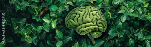 Green brain shape surrounded with fresh leaves, nature inspired intelligence, symbolizing eco friendly thinking.
 photo