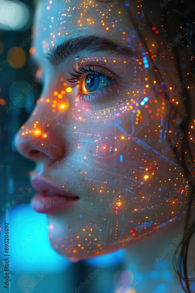 Close-up portrait of a young woman with digital light patterns illuminating her face, symbolizing the integration of technology and human emotion. Close-up portrait of a young woman with digital light patterns illuminating her face, symbolizing the integration of technology and human emotion.