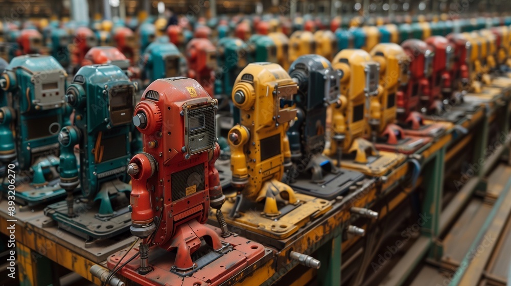 Robots welding on car assembly line Robotized industry in the car assembly plant Robots welding on car assembly line Robotized industry in the car assembly plant