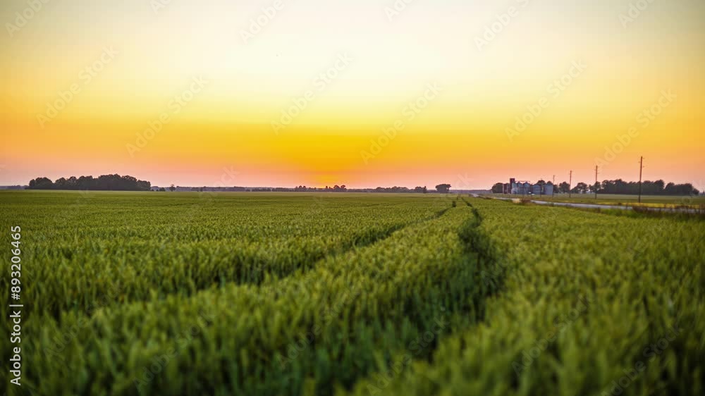 Golden sunset timelapse at a agricultural field at dusk with grass and trees on the background Golden sunset timelapse at a agricultural field at dusk with grass and trees on the background