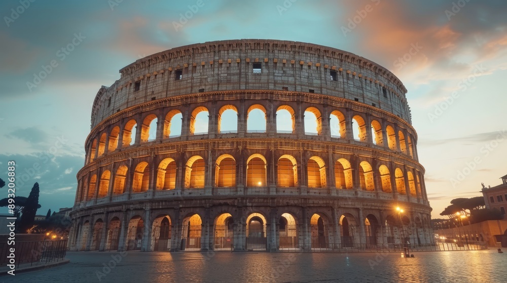 Naklejka premium The Colosseum in Rome, Italy at Dusk on a Cloudy Day - Generative AI