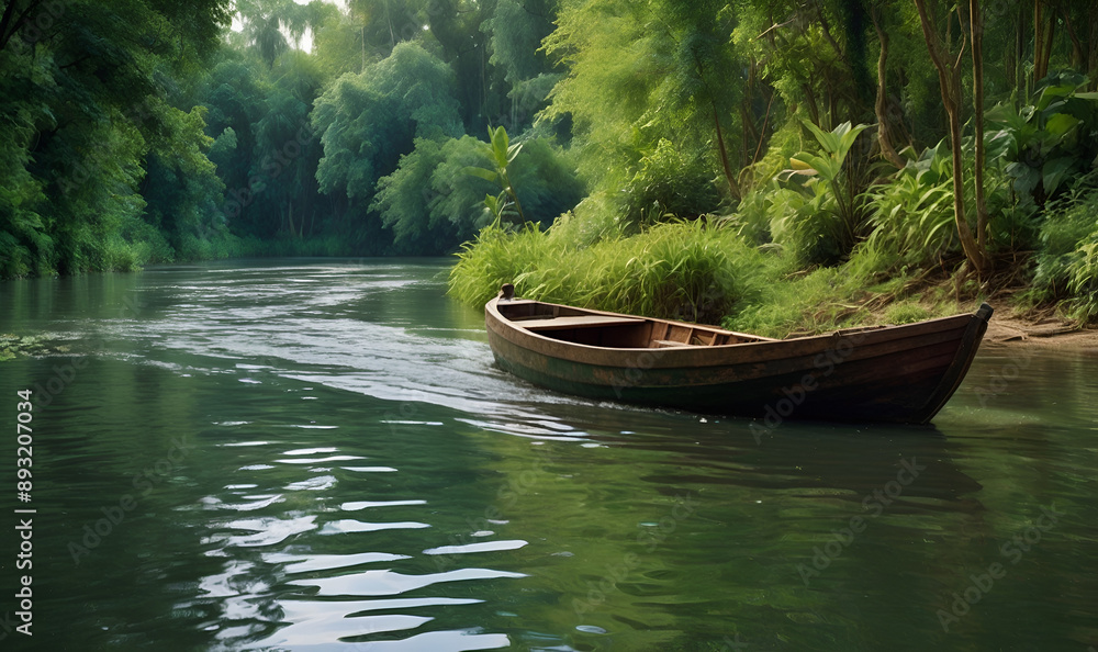 A wooden boat gliding on the water, a picturesque shore with trees. A wooden boat gliding on the water, a picturesque shore with trees.