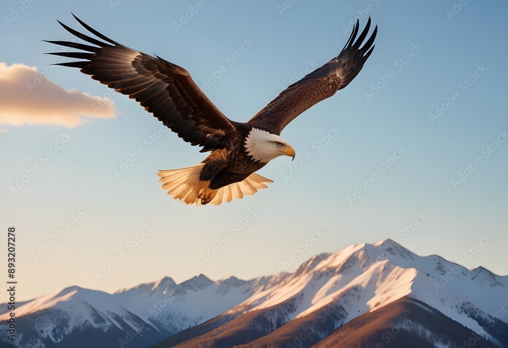 A golden eagle soaring over gently snow-capped mountains A golden eagle soaring over gently snow-capped mountains