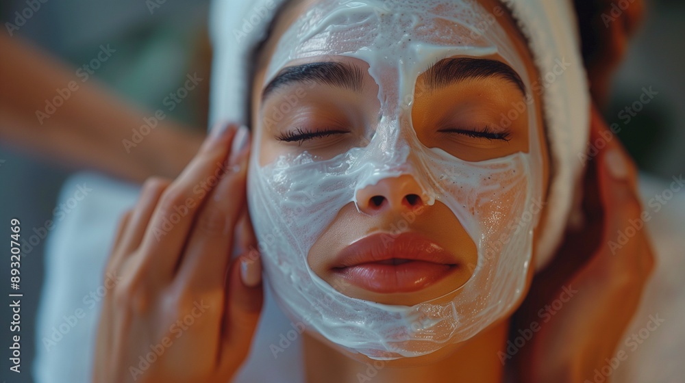 skilled cosmetologist with gentle hands is applying a luxurious face mask to a radiant young woman. The woman has her eyes closed in relaxation skilled cosmetologist with gentle hands is applying a luxurious face mask to a radiant young woman. The woman has her eyes closed in relaxation