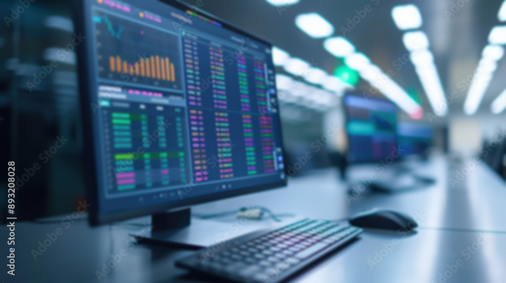 Modern trading workstation with multiple screen displays showing data charts and graphs. Perfect for finance, stock market, and business presentations. Modern trading workstation with multiple screen displays showing data charts and graphs. Perfect for finance, stock market, and business presentations.