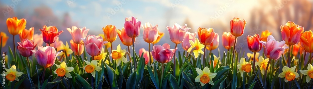 Sunlit spring flower garden with vibrant tulips and daffodils, blooming flowers Sunlit spring flower garden with vibrant tulips and daffodils, blooming flowers