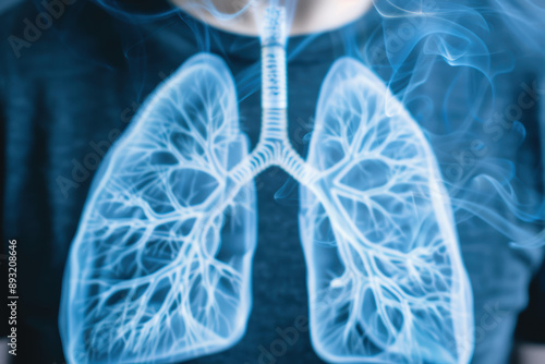 Digital illustration of human lungs with glowing blue veins, highlighting respiratory system health and medical science in a futuristic style. photo